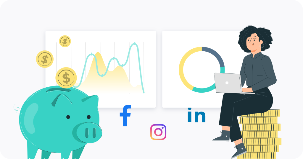 A piggy bank by social media charts with a person working on a computer. 