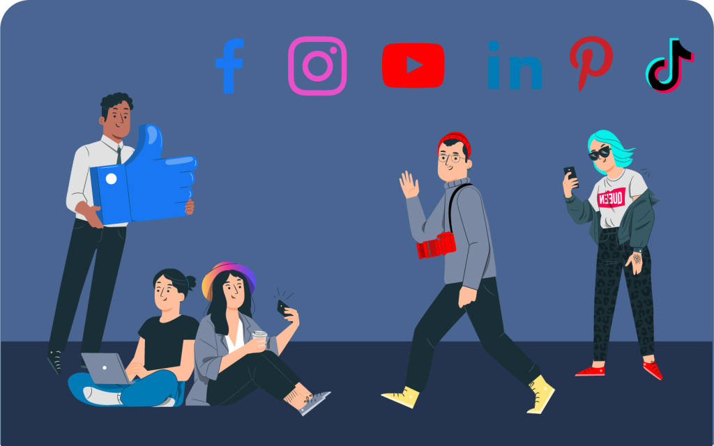 A group of people around many social media symbols.