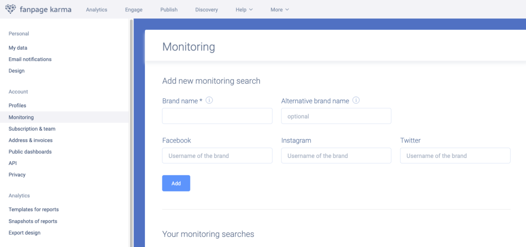 The entry page for a social media monitoring tool related to the brand/company name.