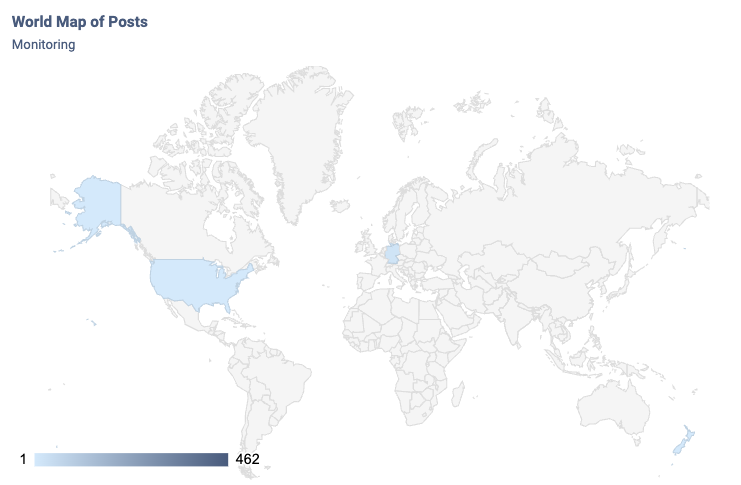 A world map that shows where posts came from after being detected by a social media monitoring tool. 