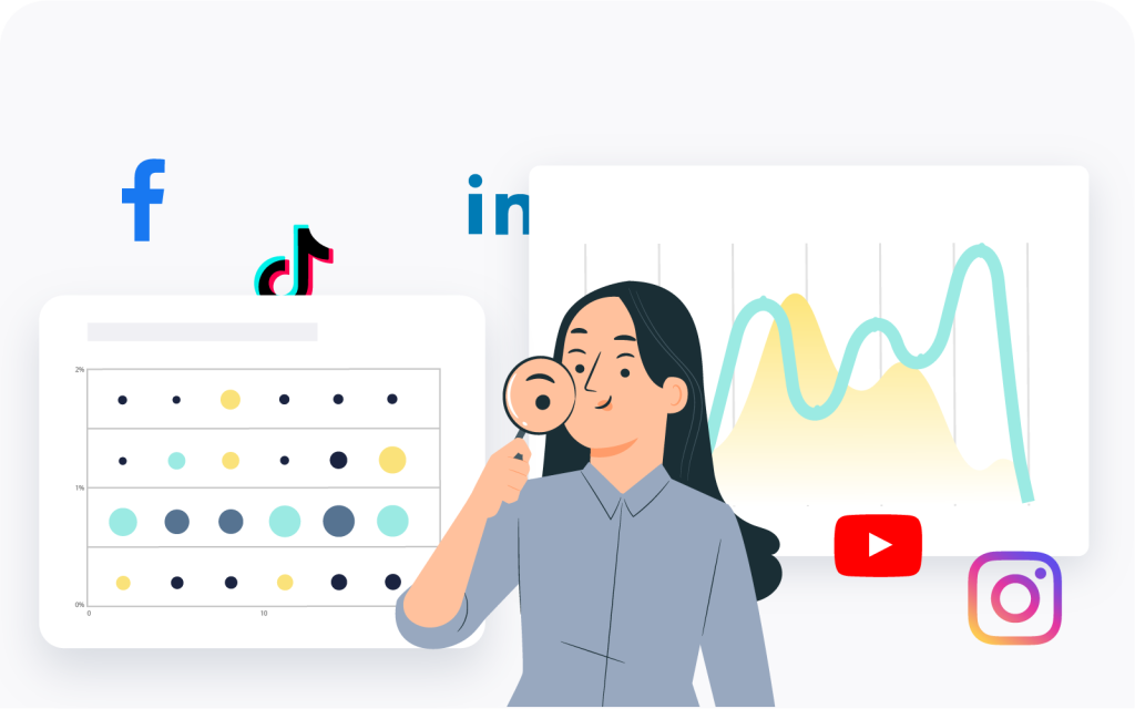 A person looking through a magnifying glass and there are charts and social media symbols.