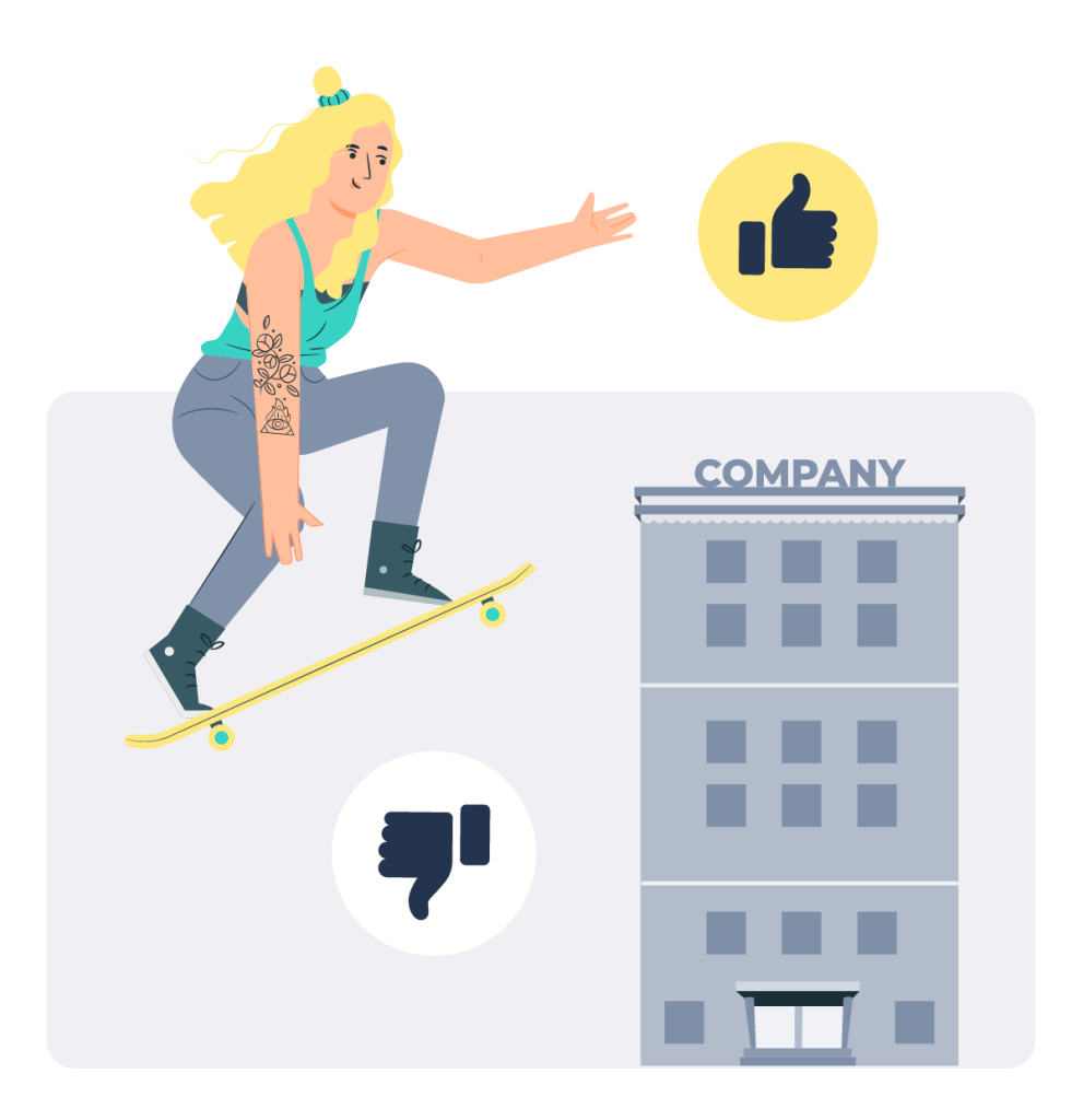 A woman jumping up with a skateboard to the side of a workplace.