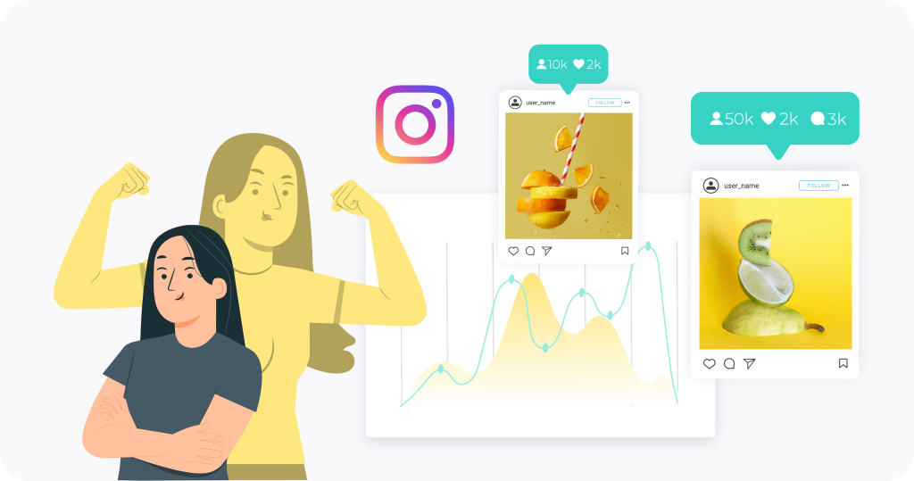 Una persona de pie al lado de las publicaciones de Instagram y un gráfico con el símbolo de Instagram. 