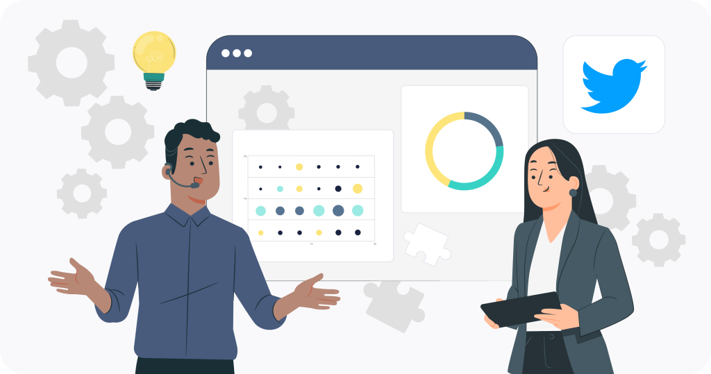 Zwei Personen stehen neben einigen Tabellen und dem Twitter/X-Logo rechts daneben. 