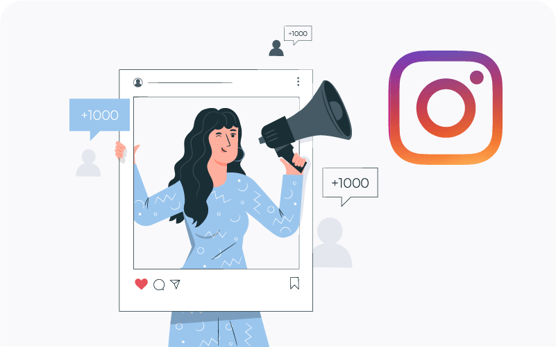 A woman with a megaphone inside an Instagram post surrounded by +1000 symbols and next to an Instagram logo.