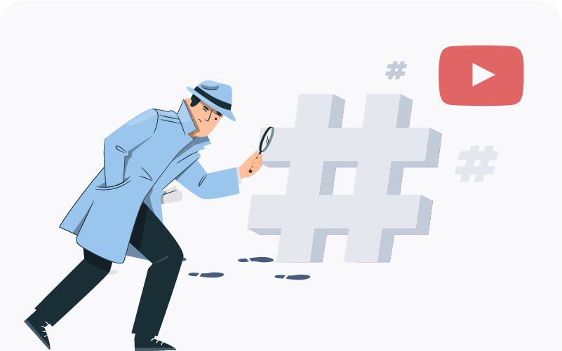 A man looking through a magnifying glass at a huge hashtag next to the YouTube logo.