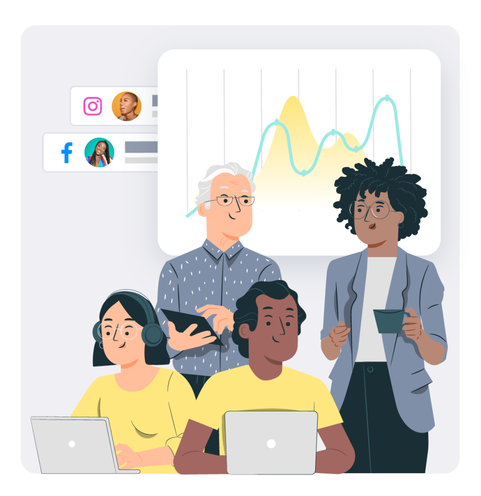 Cuatro compañeros trabajando juntos con dos publicaciones en redes sociales y un gráfico de fondo.