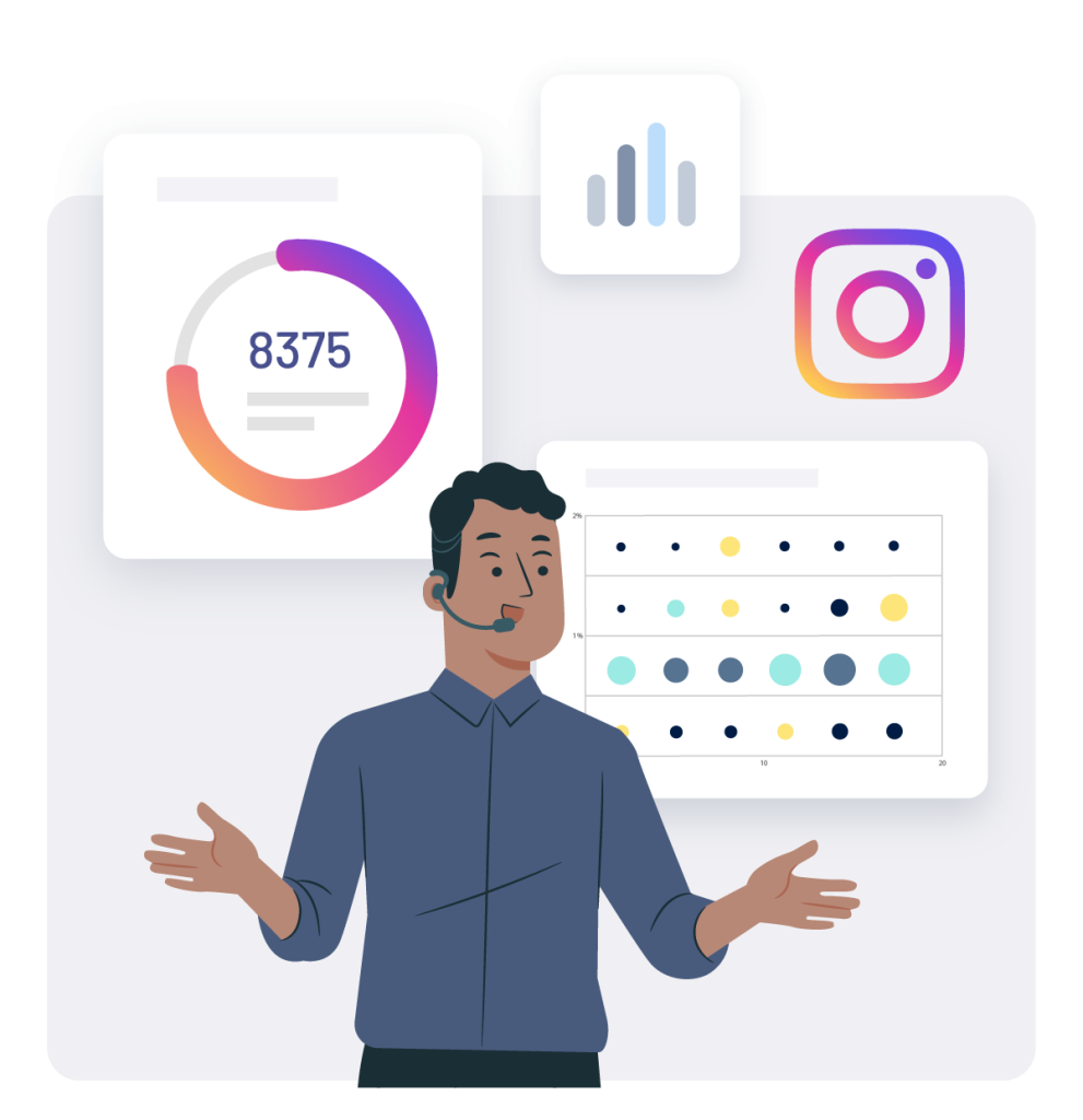 Ein Mann, der über ein Headset spricht, mit Diagrammen, Graphen und einem Instagram-Logo im Hintergrund.