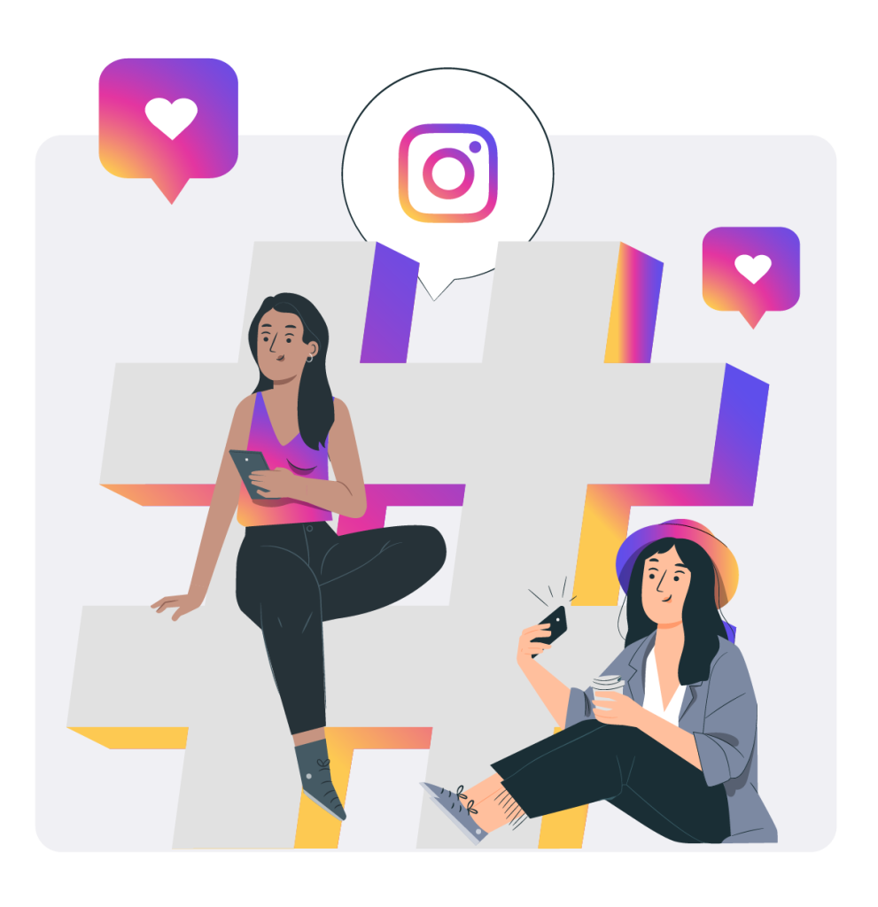 Dos mujeres sentadas sobre un hashtag con el logotipo de Instagram de fondo.