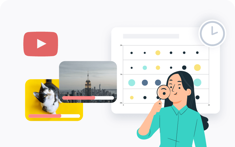 Eine Frau, die durch eine Lupe schaut. Hinter ihr befindet sich eine Tabelle mit den besten Zeiten zum Posten, einige Videos und ein YouTube-Logo.