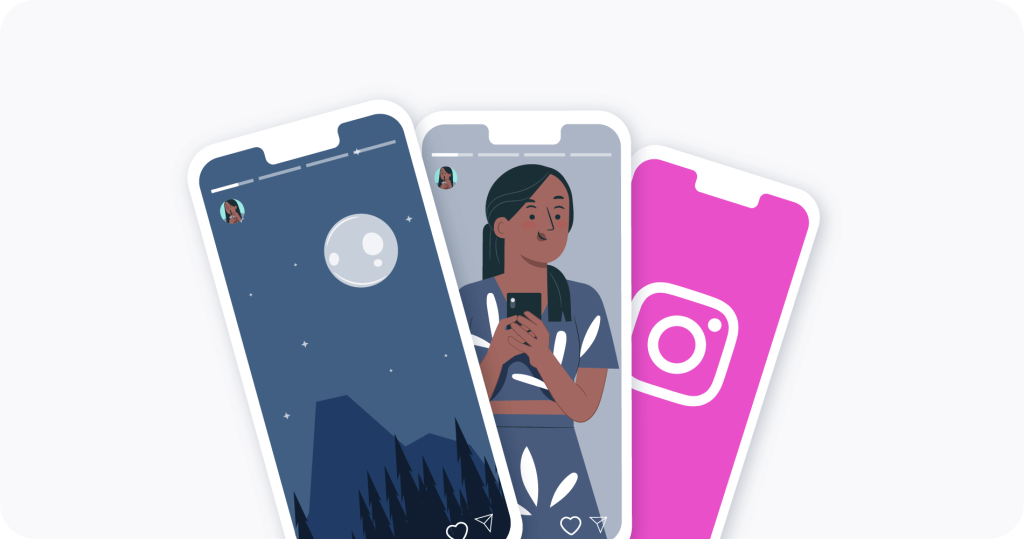 Two phones with an Instagram Story opened in the one of the middle, there is a woman using a phone and in the one of the right, there is the Instagram logo. 