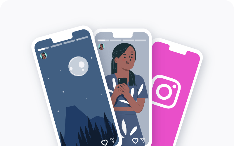 Two phones with an Instagram Story opened in the one of the middle, there is a woman using a phone and in the one of the right, there is the Instagram logo.