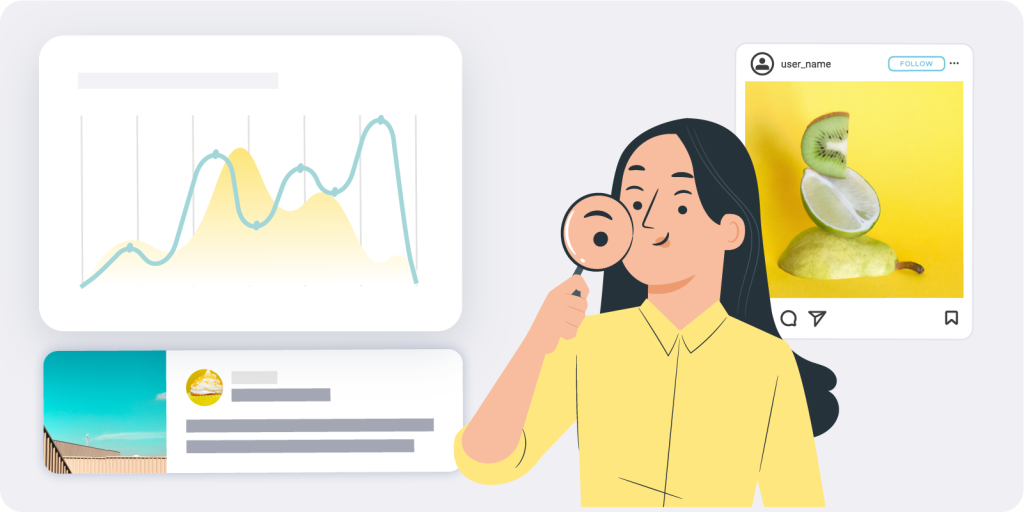 Different social media posts and charts with a woman in the middle looking through a magnifying glass.