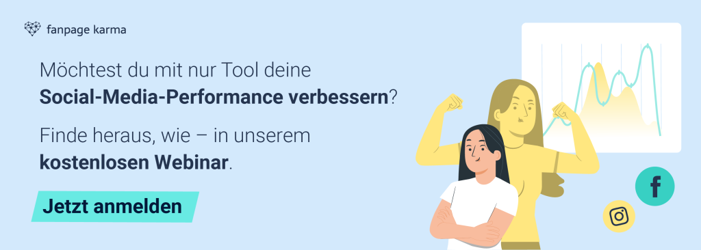 Eine Frau und Diagramme neben einem "Jetzt anmelden"-Button für das kostenlose Webinar von Fanpage Karma.