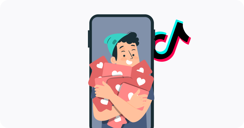 Ein Telefon mit dem TikTok-Symbol dahinter, hinter dem sich jemand befindet, der viele Likes umarmt. 