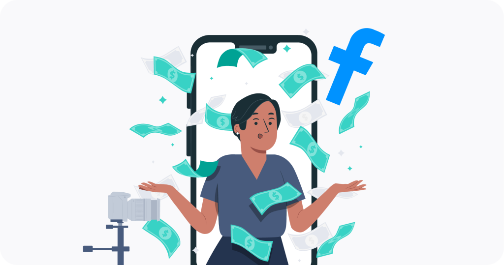 A woman surrounded by banknotes inside a mobile phone, which is next to the Facebook symbol. 