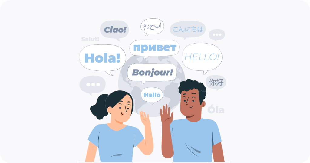 Dos personas con el mundo de fondo con formas de decir «hola» en varios idiomas.