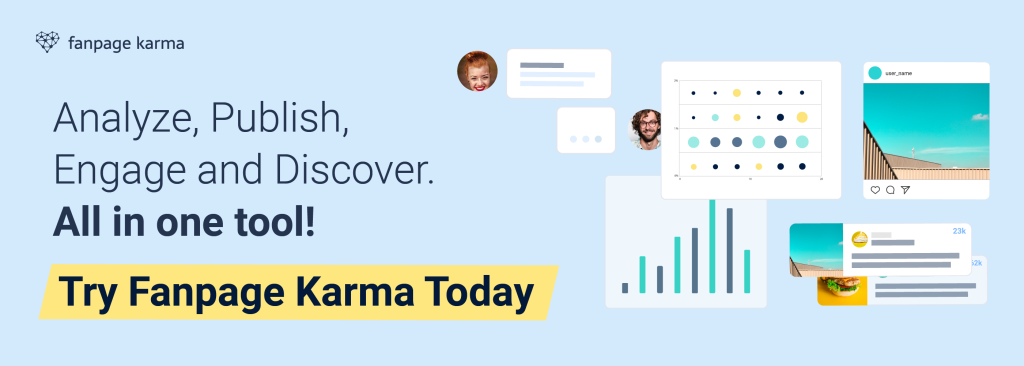 A banner with various graphs and social media examples and "Try Fanpage Karma Today" button and light background.