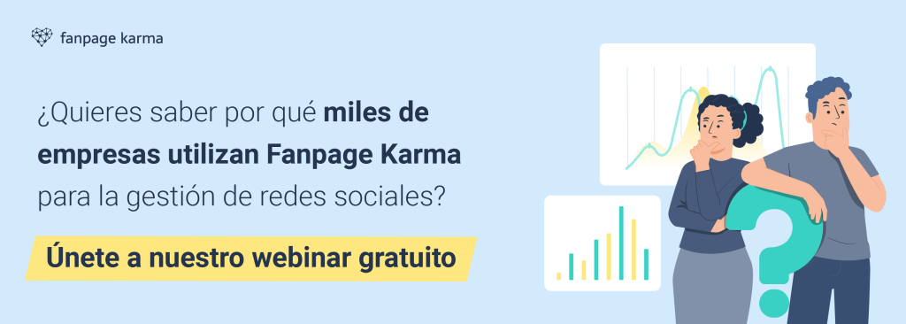 Un banner con varios gráficos y ejemplos de redes sociales y el botón "Prueba hoy Fanpage Karma" y fondo claro.