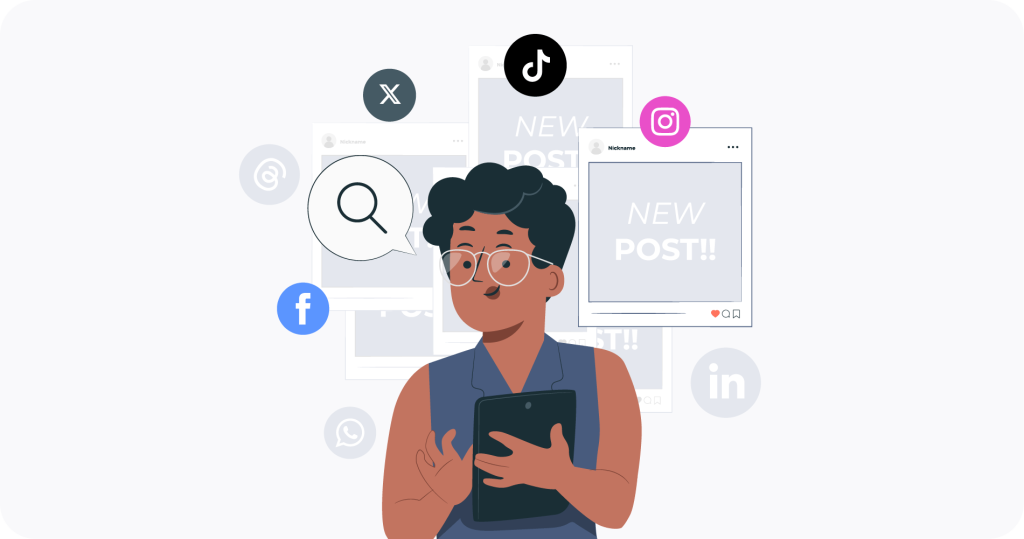 A person holding a tablet surrounded by social media icons (TikTok, Instagram, Facebook, etc.) and overlapping "New Post!!" notifications, symbolizing content moderation or social media activity.