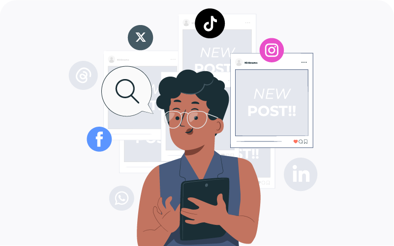 a person holding a tablet surrounded by social media icons (TikTok, Instagram, Facebook, etc.) and overlapping "New Post!!" notifications, symbolizing content moderation or social media activity.