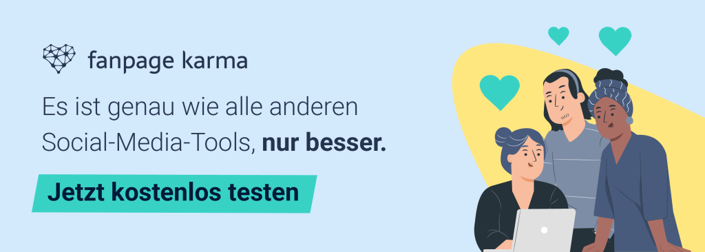 Ein Banner mit drei Personen um einen Computer und einer Schaltfläche "Jetzt kostenlos testen" und hellem Hintergrund.