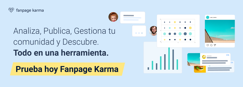 Un banner con varios gráficos y ejemplos de redes sociales y el botón "Prueba hoy Fanpage Karma" y fondo claro.