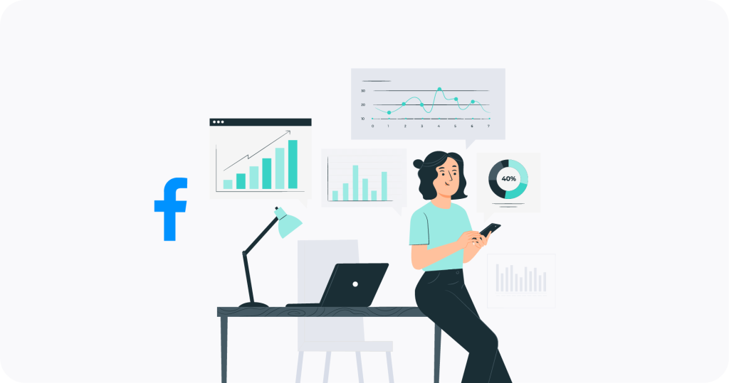 a woman sitting on a desk with a smartphone in her hand, surrounded by various charts and graphs representing data analysis, alongside a Facebook logo on the left, symbolizing analytics or insights related to Facebook.