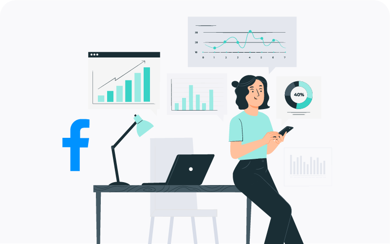 Eine Frau sitzt mit einem Smartphone in der Hand an einem Schreibtisch, umgeben von verschiedenen Diagrammen und Grafiken, die Datenanalysen darstellen, sowie einem Facebook-Logo auf der linken Seite, das Analysen oder Erkenntnisse im Zusammenhang mit Facebook symbolisiert.