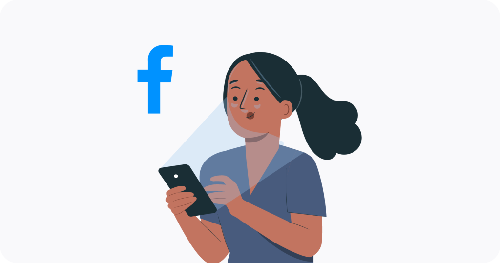 A woman looking at her phone next to a Facebook logo. 