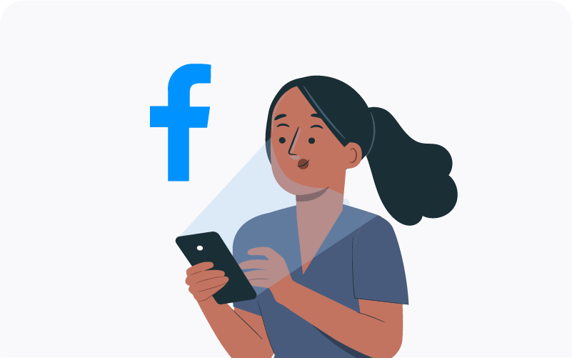 A woman looking at her phone next to a Facebook logo.