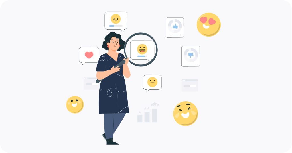 Eine Frau analysiert die Stimmung in den sozialen Medien mithilfe von Emojis und Diagrammen. Sie hält eine Lupe in der Hand und ist von Emotionsausdrücken wie „glücklich“, „traurig“ und „Liebe“ umgeben.