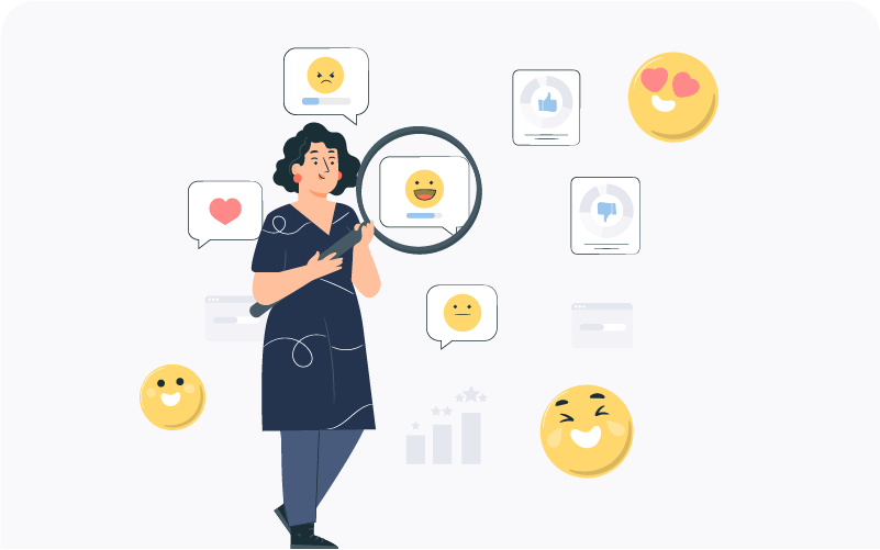 A woman analyzing social media sentiment using emojis and charts. She holds a magnifying glass, surrounded by expressions of emotions like happy, sad, and love.