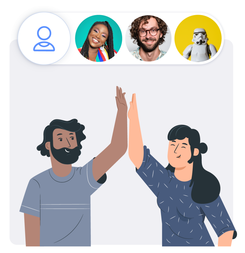 Two people high-fiving with different profile photos above them.