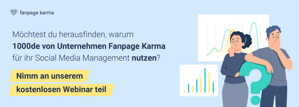 Eine Frau und ein Mann stehen neben einem Fragezeichen und einem Button mit der Aufschrift "Nimm an unserem kostenlosen Webinar teil".