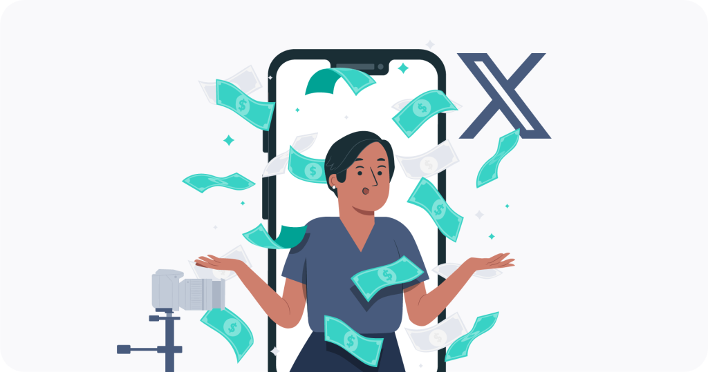 A person inside a phone surrounded by dollars next to a Twitter/X symbol. 