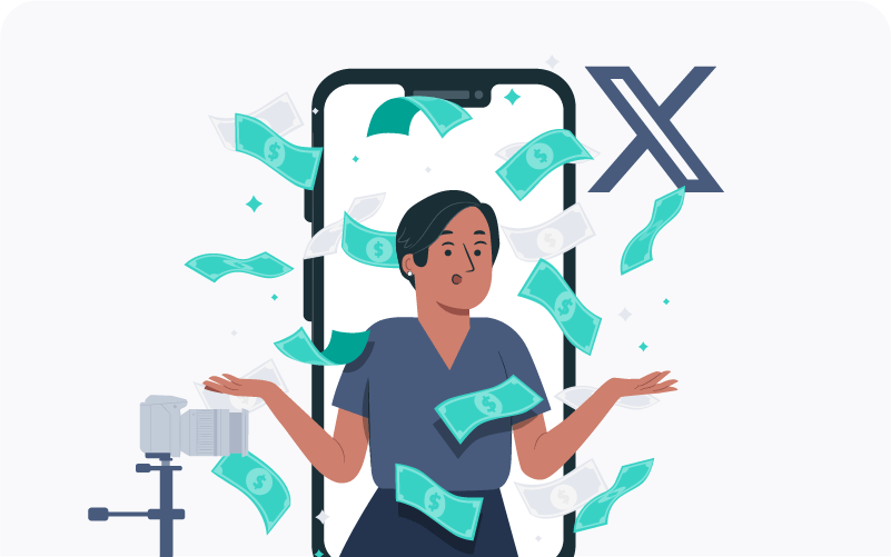 A person inside a phone surrounded by dollars next to a Twitter/X symbol.