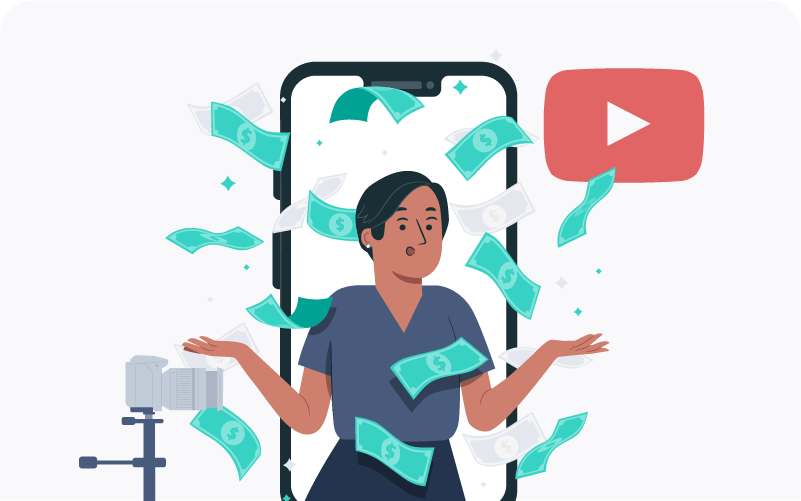 A woman inside a phone next to a YouTube and surrounded by dollars.